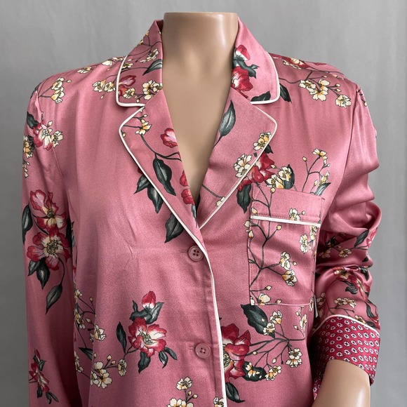 Joie Pajama Top Women XS Pink Floral Satin Sleep Button Up Shirt Viscose - Picture 2 of 10